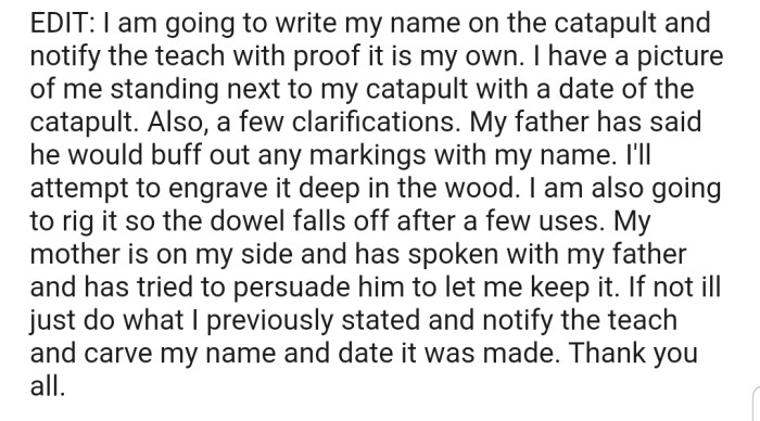OP is standing his ground despite pressure from his parents to allow his sister to use his old project. In addition, he's taking extra steps to ensure that she doesn't go behind his back to use his project. Mom seems to be on his side now, but Dad is still insisting.