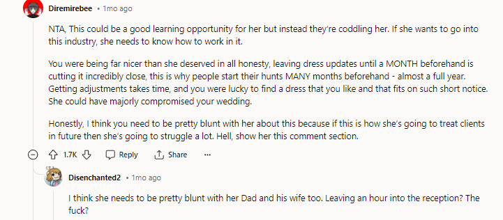 I think she needs to be pretty blunt with her dad and his wife too. Leaving an hour into the reception?