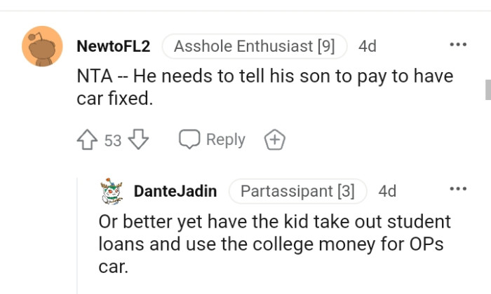 His son needs to pay to have the car fixed