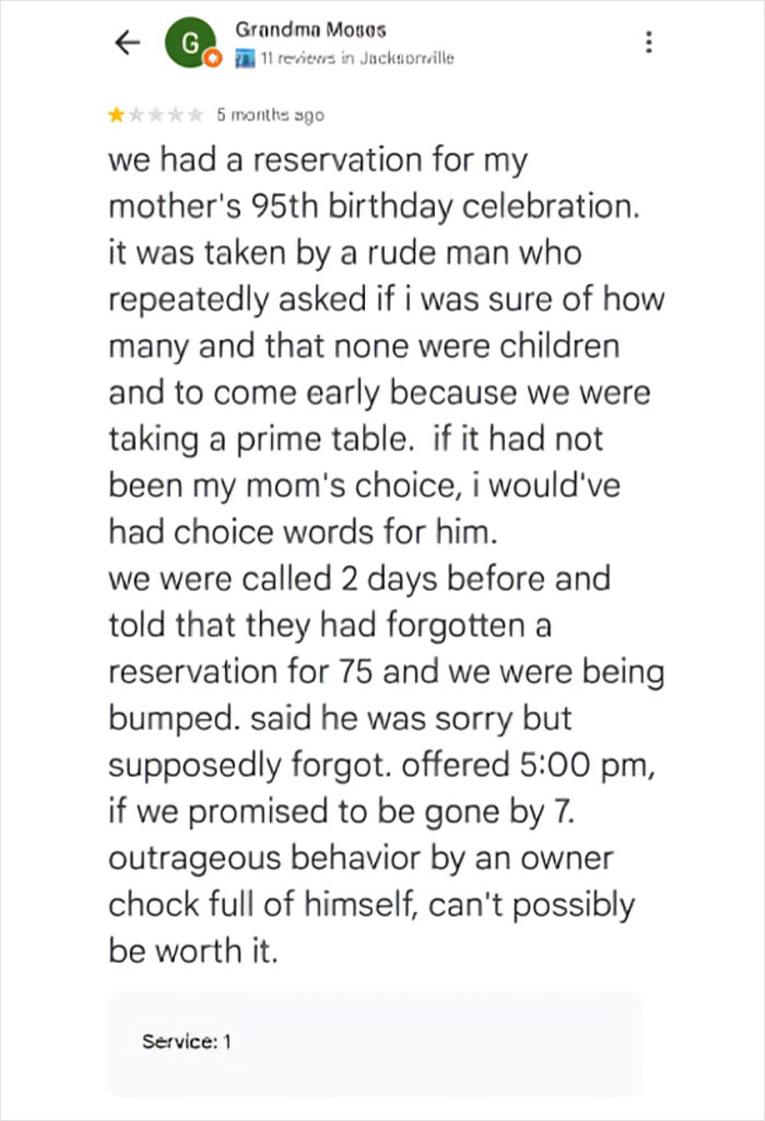 This customer left a bad review after the restaurant's absurd rules forced them to cancel their reservation