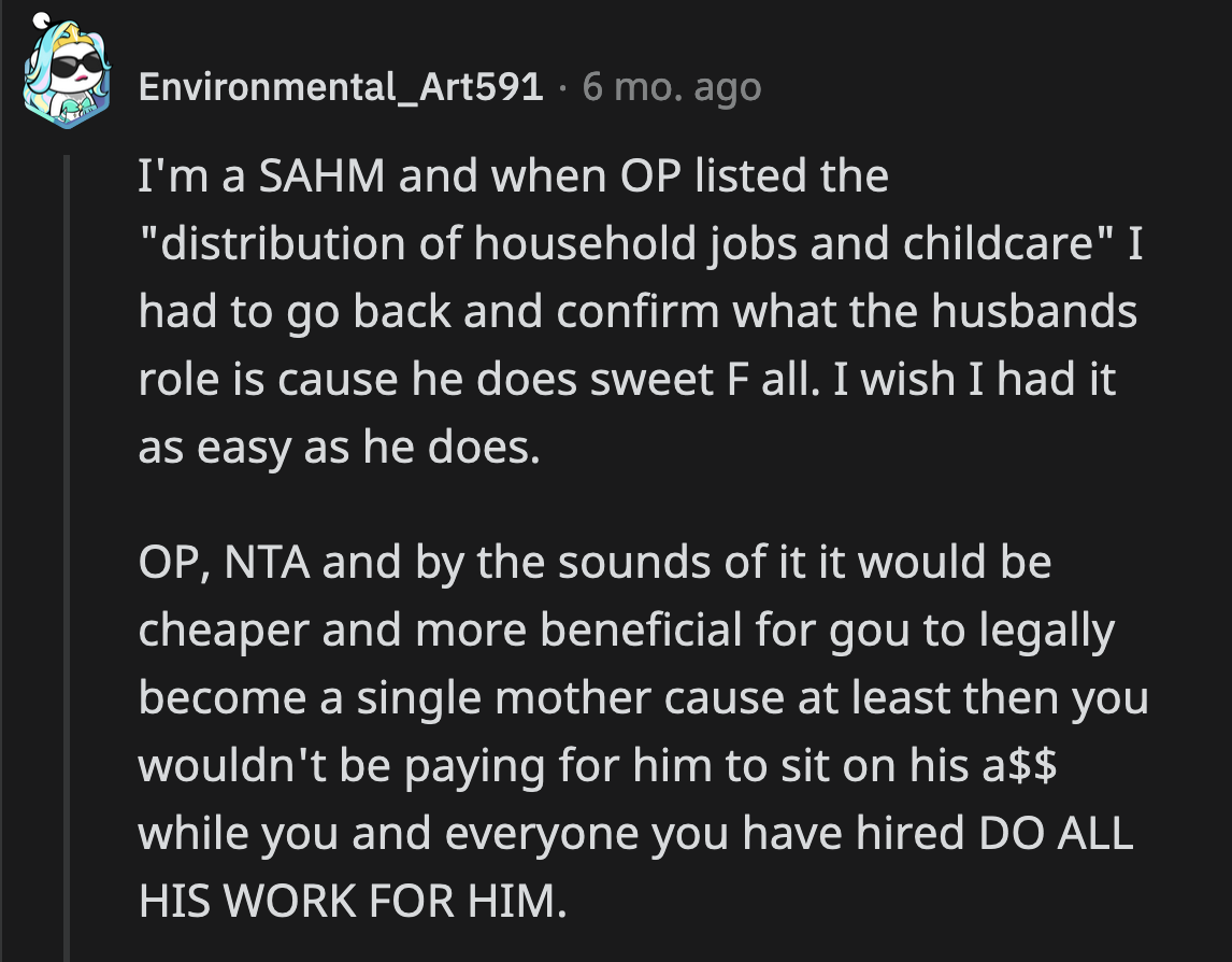 Other stay-at-home parents wished they had it as easy as OP's spouse.