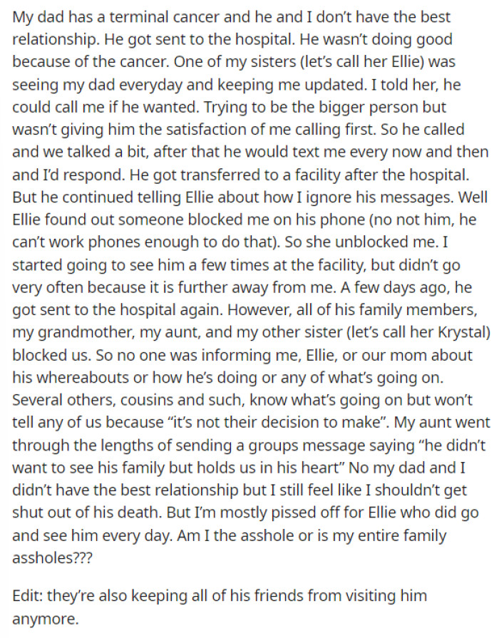 OP's post gives a lot of information on the situation and what is going on with her dad, as well as the rest of her family.