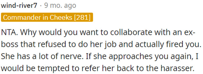 It's strange that OP's ex-boss, who previously terminated her contract, wants to collaborate with her now.