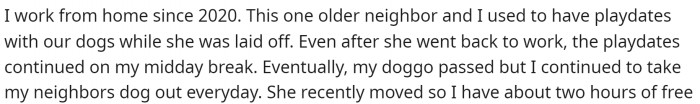 Here's the story from OP and what the relationship was like with their old neighbor.