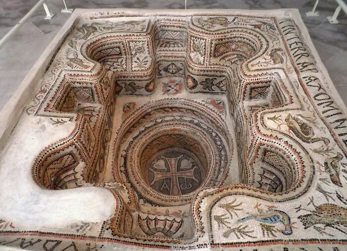 Ancient baptismal font with mosaic decoration, Eastern Roman period - Sousse Archaeological Museum, Tunisia.