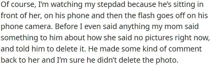 OP watched her stepfather discreetly take a photo, despite their mother's request not to photograph at that moment.