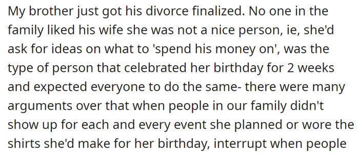 OP explained no one in his family liked his brother's ex-wife: