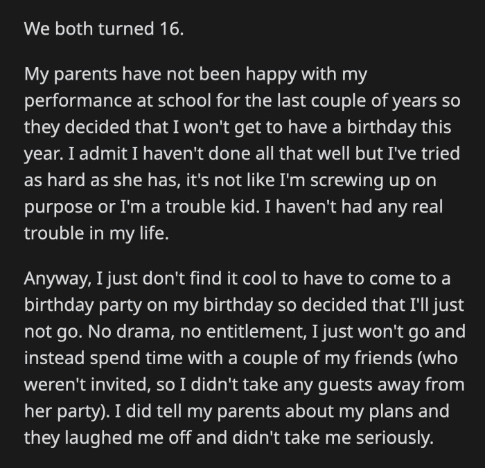 They apparently thought she was just joking and said families attend each other's birthdays