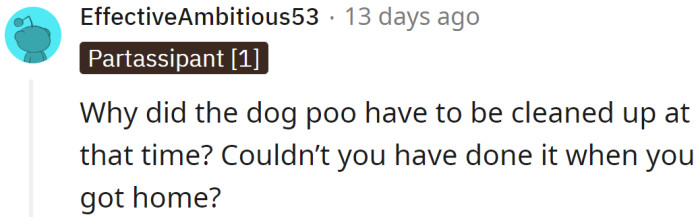 One Redditor was curious why cleaning up the yard was so urgent that he couldn't do it later: