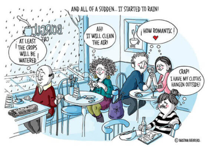 5. Everyone is enjoying the rain except this one lady. And you know the reason!