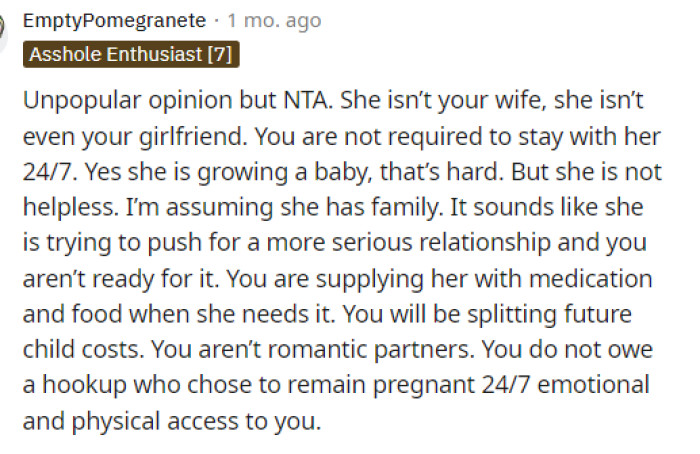 People were a little conflicted in the comments, but most told him that he's NTA because they are not in a relationship and were not in a relationship at the time of conception either.