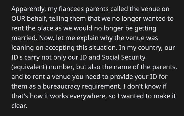His fiancée's parents called the venue and tried to cancel the reservation on their behalf