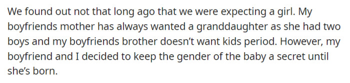 They discovered they are expecting a baby girl, a long-awaited granddaughter for the boyfriend's mother, who had two sons.