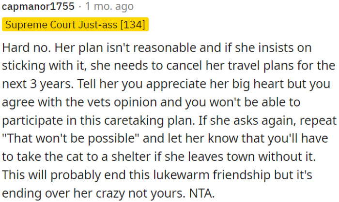 OP should suggest her roommate cancel her travel plans or find an alternative solution for the cat