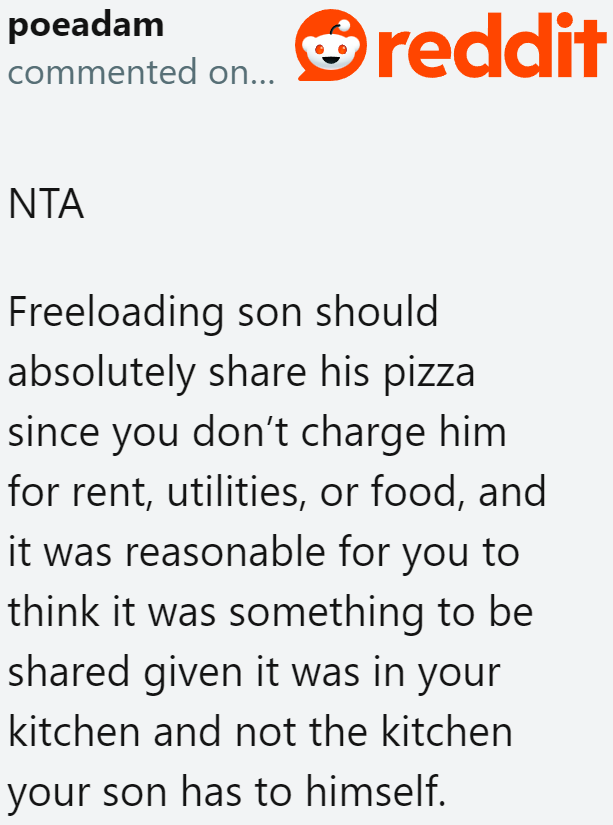 Considering he's not contributing anything to the household, the least the son could do is share his pizza.