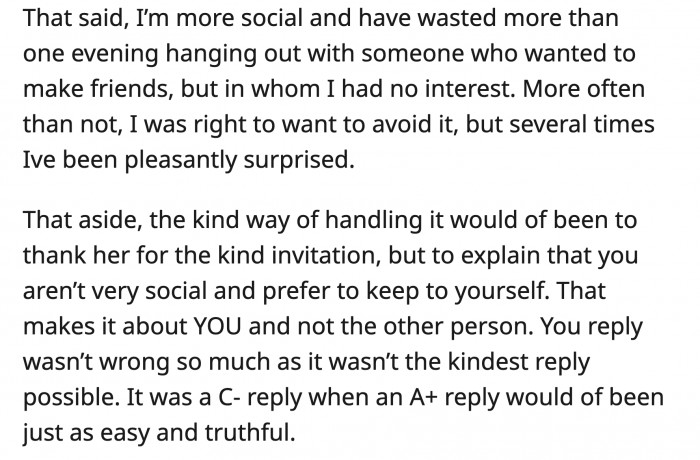 Still, OP could have been kinder with her response