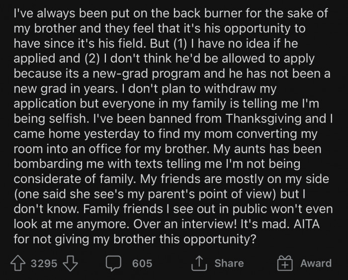 After her decision, OP was shamed by her family, which made her doubt her choice.