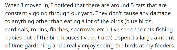 Great neighborhood, but the only problem is the feline marauders