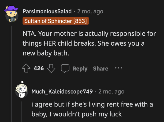 OP did her part, she stored her infant bath in the closet but her sister got to it anyway. Shouldn't the bath be replaced by her parents?