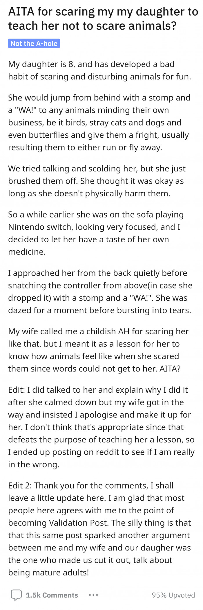 OP shared how his daughter scares animals for fun and what he did to make her realize that it was wrong.