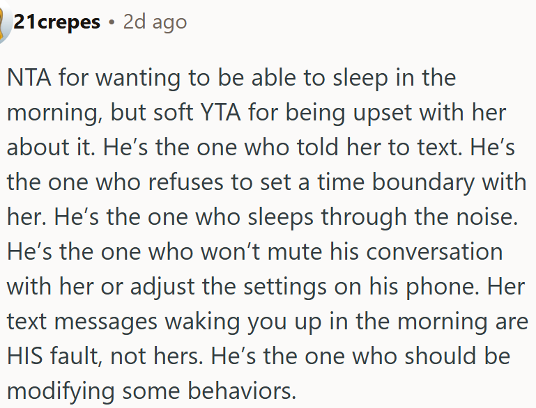 Her morning texts are his responsibility, not OP's.