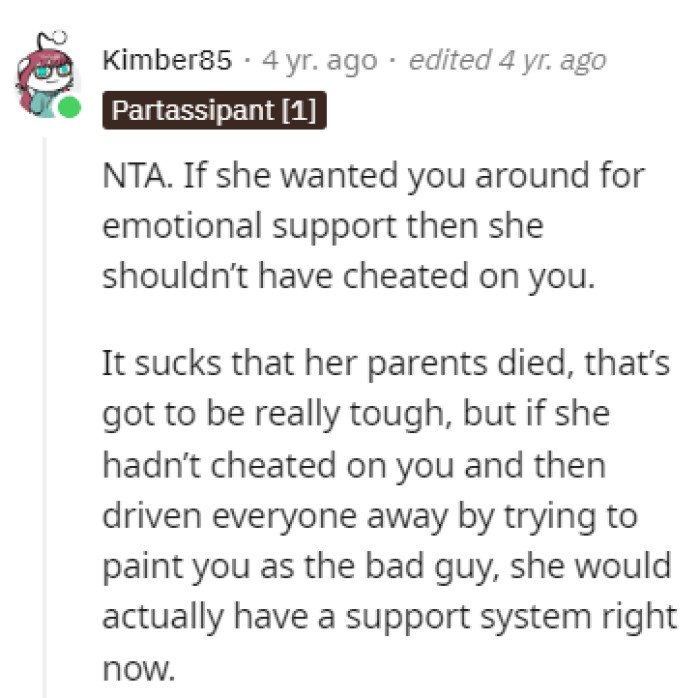 If she didn't cheat, she'd have support