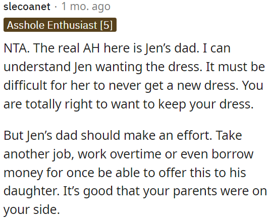 OP's stance on keeping the dress is justified, and it's great that her parents support her.