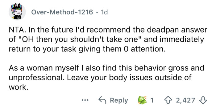 Coworkers in office break room, tense expressions during candy etiquette debate.
