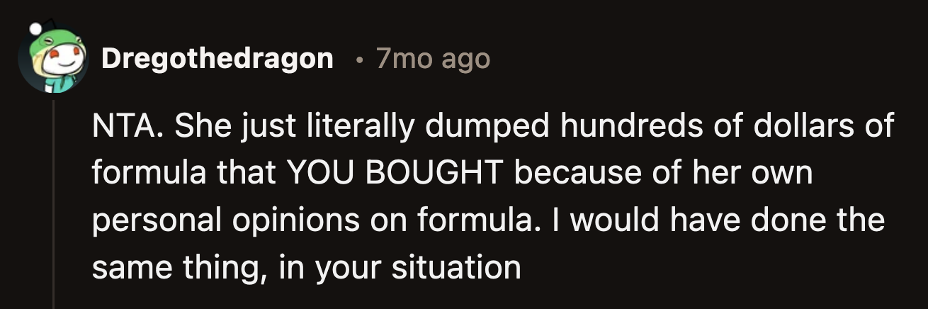 Most Redditors sympathized with OP and said they would have done the same thing if their baby's food was depleted in one go because of someone else's meddling decision.