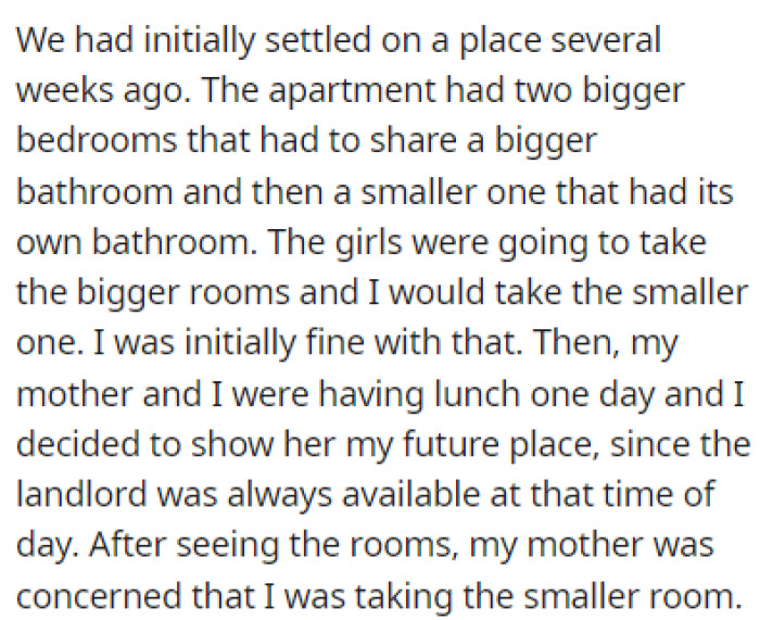 They Found an Apartment, but OP's Mother Was Concerned That His Bedroom Was the Smallest One
