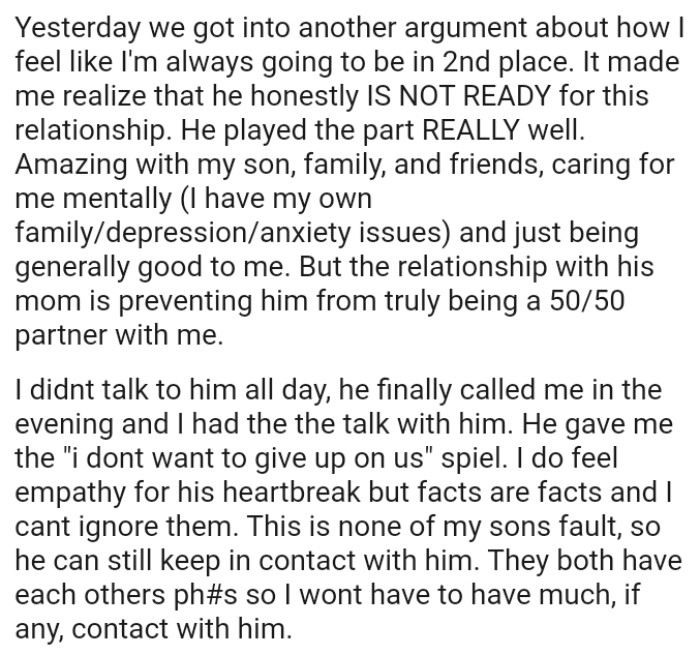 The relationship with his mom is preventing him from truly being a 50/50 partner