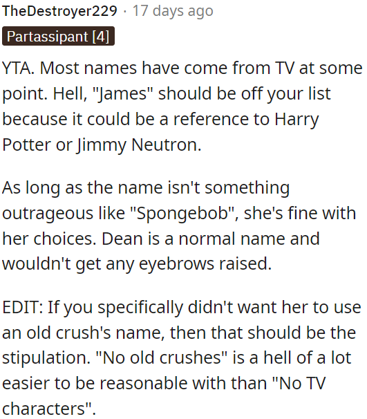 Criticizing someone for their choice of names based on TV references is unfair.