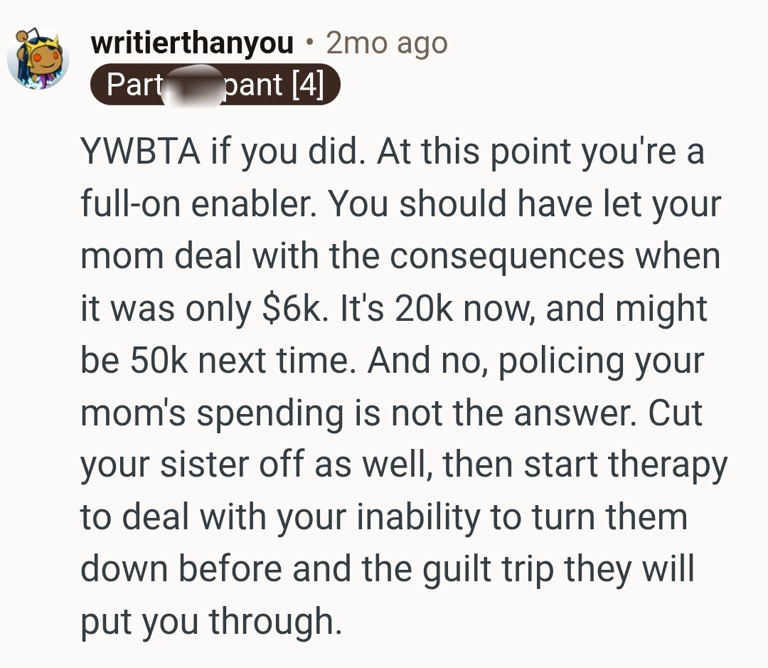 The OP should start therapy about her inability to turn them down
