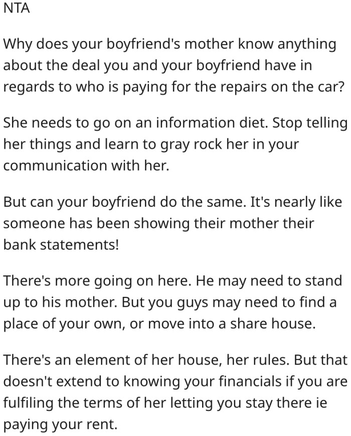 2. His mother shouldn't be made aware of their financial arrangements.