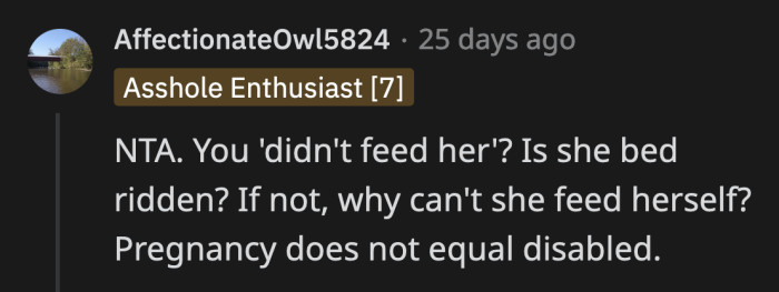 Redditors asked why OP's wife can't prep her own meals if she gets so hungry frequently