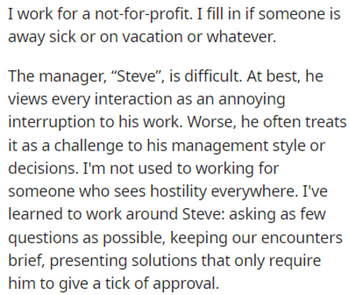 OP works for a non-profit and they have no problems filling in for someone