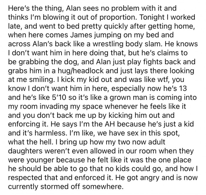 Alan doesn't see the problem with it and says she's overreacting, but OP is adamant she doesn't want their son in the bed.
