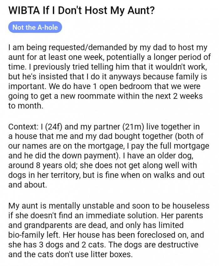1. A Redditor asked Reddit if she was wrong for deciding not to house her aunt.