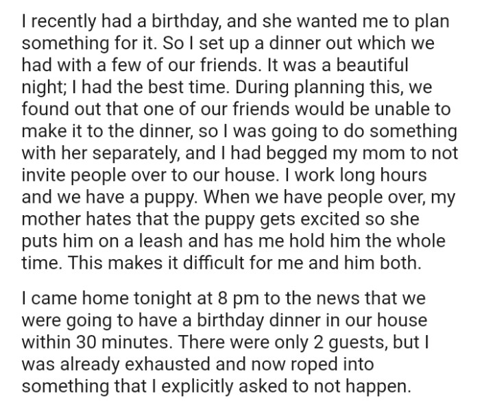 The OP's mom hates that the puppy gets excited, so she puts him on a leash