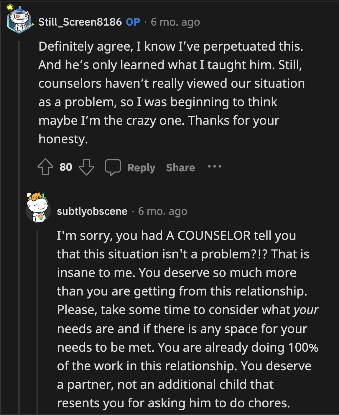 OP agreed and casually mentioned that she was convinced their marriage was a-okay after a few counselors made it seem that way.