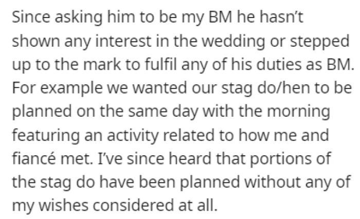 The brother hasn't shown any interest in the wedding since OP asked him to be his best man