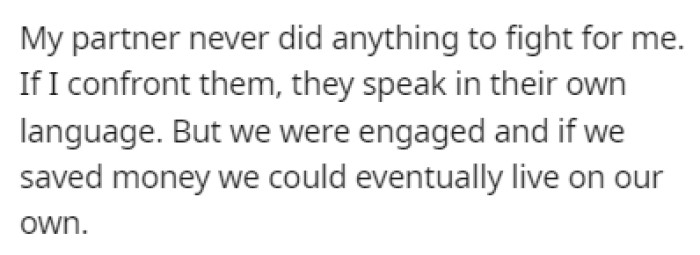 The partner never did anything to stand up for OP and protect her