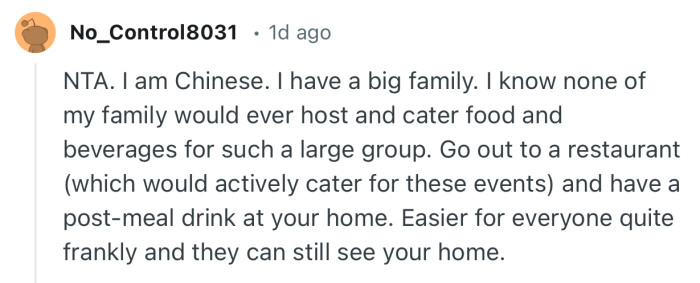 “Go out to a restaurant (which would actively cater for these events) and have a post-meal drink at your home.”