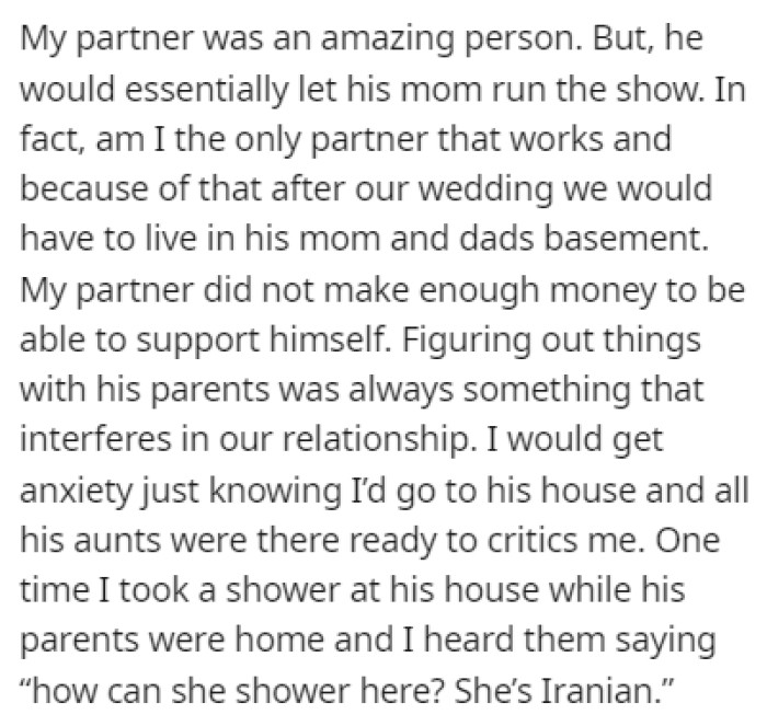 OP's partner is a great person, but OP had issues with his mother, who would interfere with their relationship