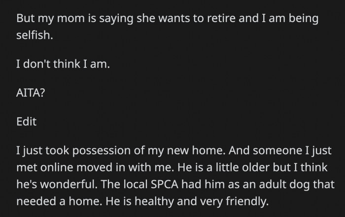 OP then moved out and currently lives with her new dog, but her mom is still trying to emotionally manipulate her.