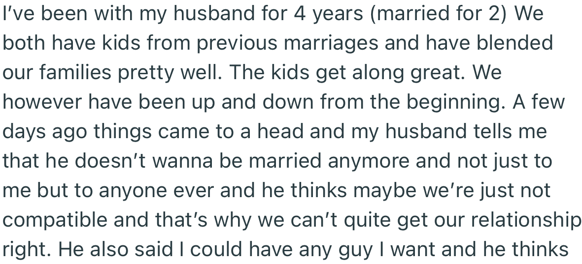 OP was shocked when her husband of two years told her that he was no longer interested in their marriage
