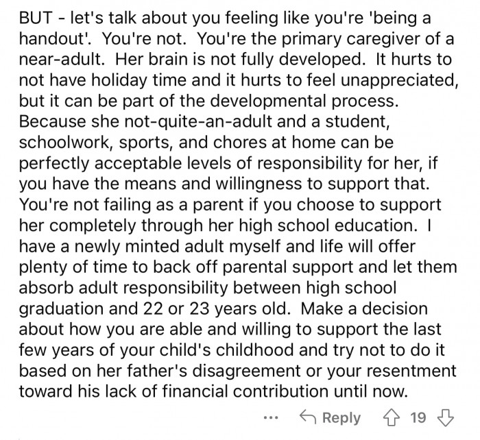 Op is the primary caregiver to her daughter, and paying for her expenses is not a 