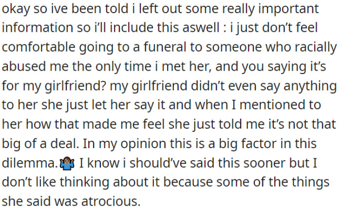 OP is torn because he is a big fan, and his girlfriend's grandmother once racially abused him