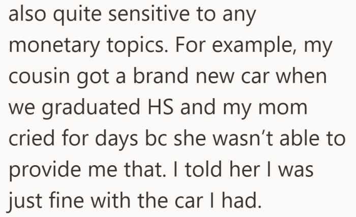 A past moment shows how financial comparisons deeply affect her mom.