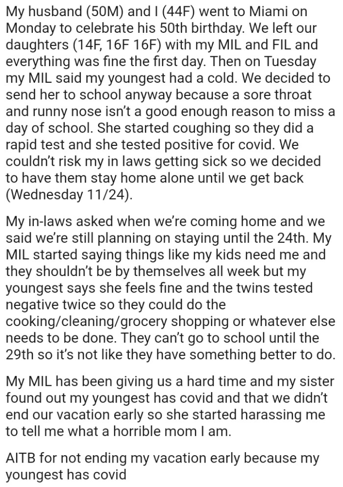 OP's in-laws asked when they're coming home, and they said they're still planning on staying